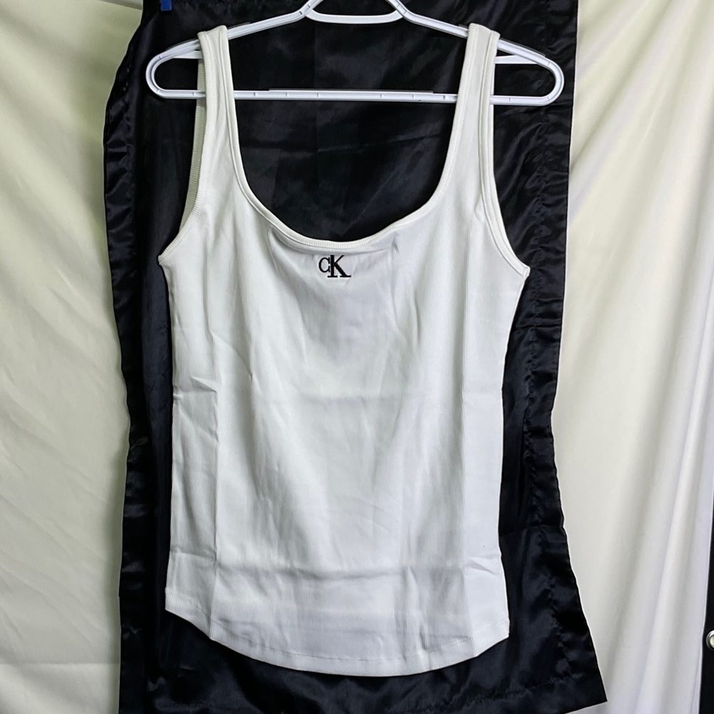 Calvin Klein White Scoop Neck Tank with Black CK Logo
